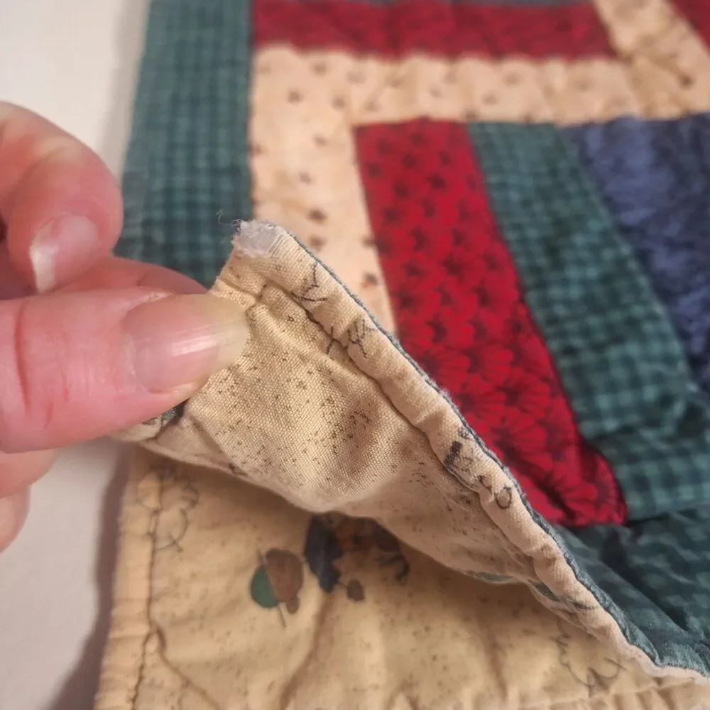 Handmade Quilted Patchwork Rail Fence Baby Blanket Red Blue Crib Throw 31 X 35